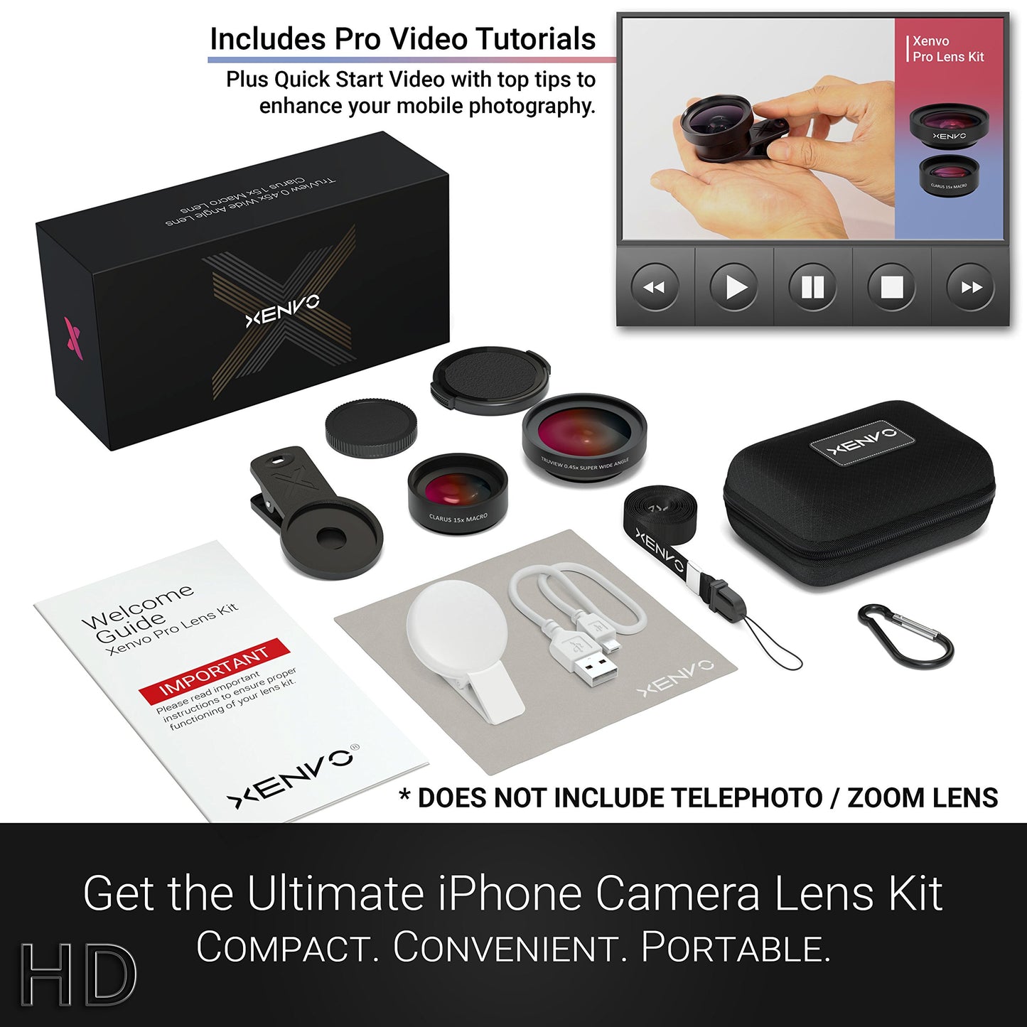 Xenvo Pro Lens Kit for iPhone and Android, Macro and Wide Angle Lens with LED Light and Travel Case Black