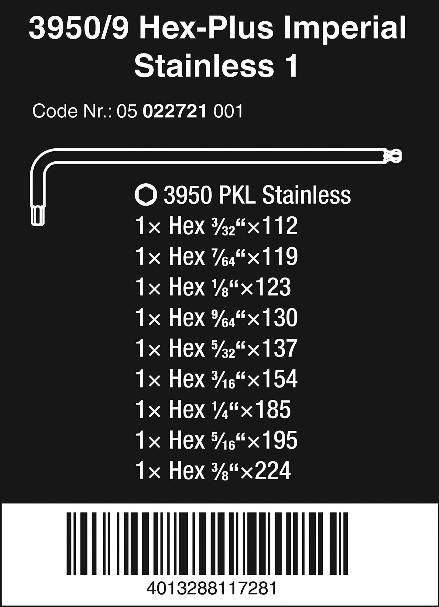 WERA Stainless Steel Imperial Hex Key Set w/Belt Pouch - 9 Pieces