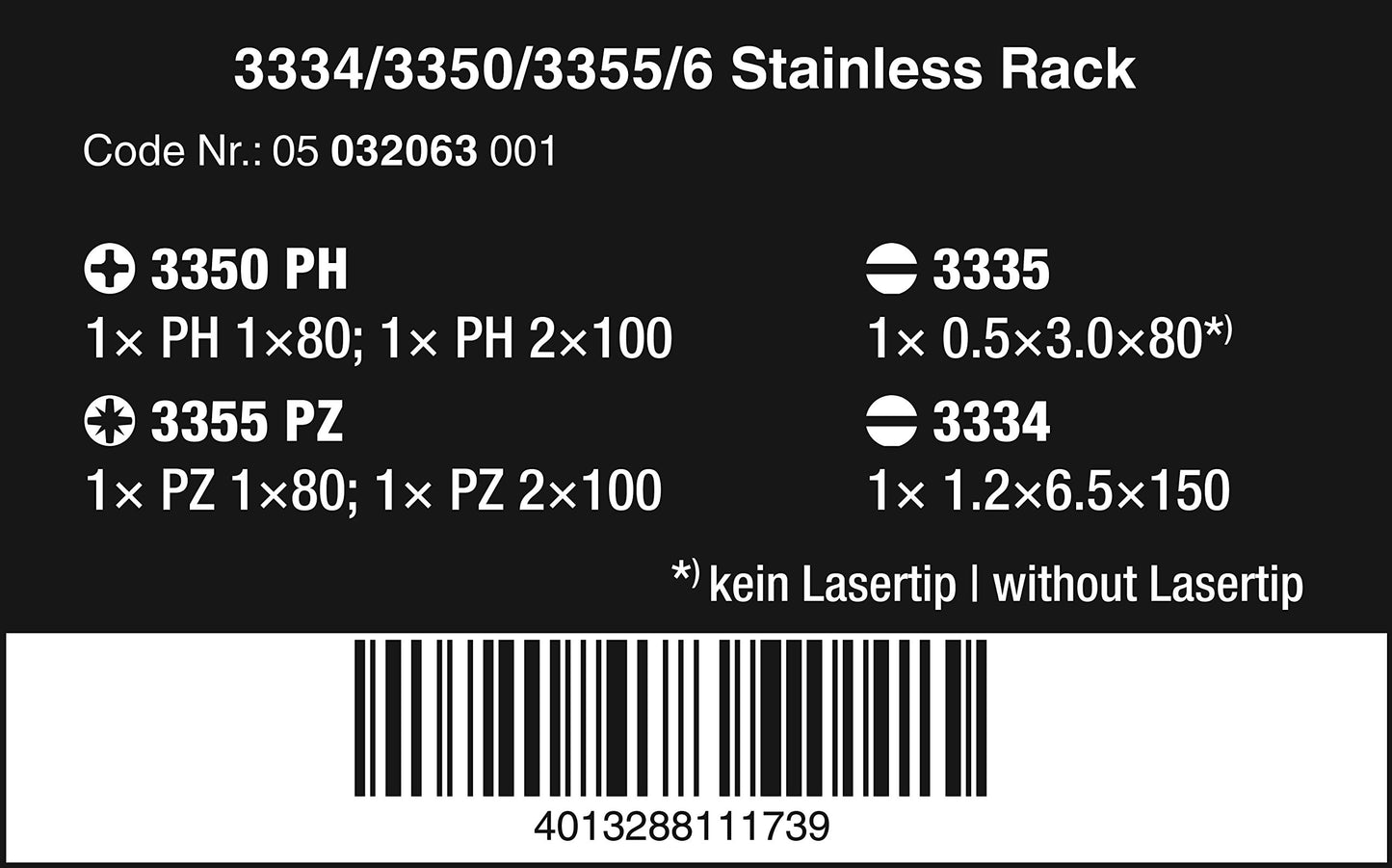 Wera 05032063001 3334/3350/3355/6 Screwdriver set, stainless and rack, 6 pieces
