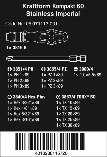 Wera - 5071117001 Kraftform Kompakt 60, Imperial, 17-Piece Set