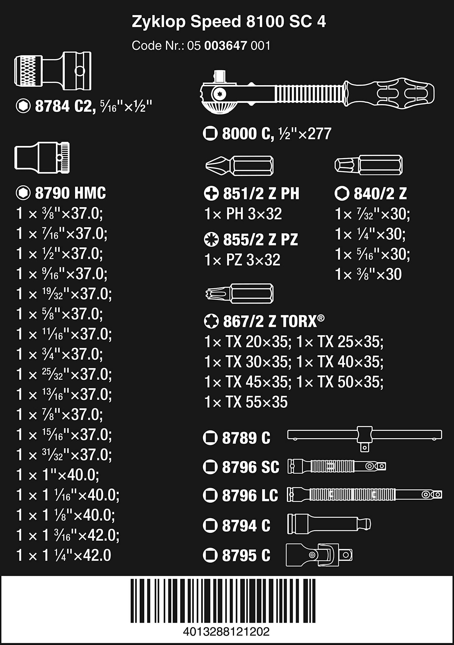 Wera 5003647001 Zyklop 8100 SC 4 1/2-Inch SAE Ratchet Set, 38-Piece