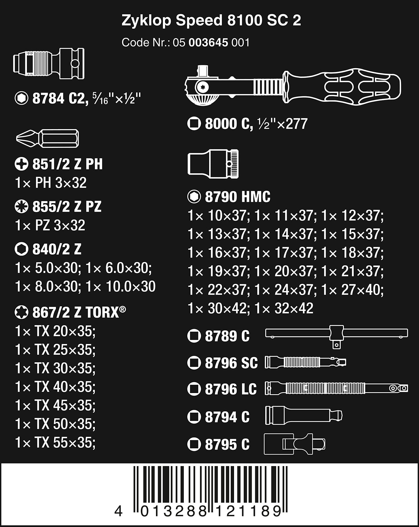 Wera 8100 SC 2-1/2-Inch 1/2-Inch Dr. Set 2, Multi-Color, Alloy Steel
